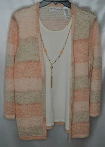 Alfred Dunner Woman's M Long Sleeve 2 for 1 Cable Knit Cardigan w/ Necklace Peac - Picture 1 of 5