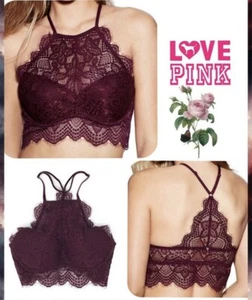 Victorias Secret PINK Bra Small AA to C Cup Burgandy Lace Push Up High Neck - Picture 1 of 9