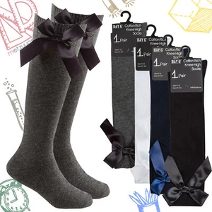 2 Pairs Kids Girls High Knee Socks Bow Back to School 6-8.5 9-12 12.5-3.5 4-5.5 - Picture 1 of 14
