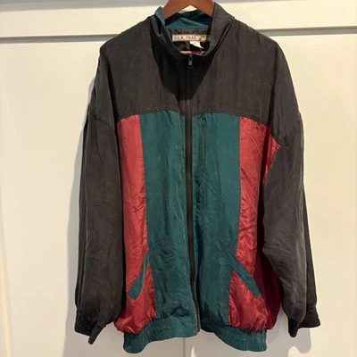 Silk Trail by Robert Stock Colorblock Silk Bomber Jacket Men's XL Black Teal - Image 1 of 4