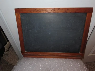 ANTIQUE REAL SLATE CHALKBOARD W/ TRAY FOR CHALK - ERASER WOOD FRAME 22" x 16" - Image 1 of 4