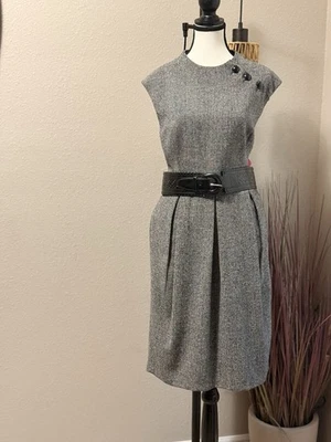 Kay Unger 连衣裙设计师黑色白色无袖内衬打褶粗花呢 14 码二手状况完好 — 第 1/4 张图片