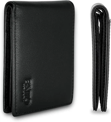 Cartera de cuero real para hombre delgada triple pliegue bloqueo RFID porta tarjetas de crédito billeteras Foto 1 de 4