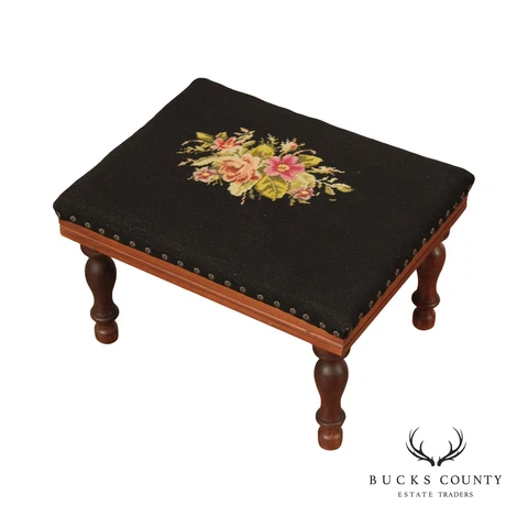 Antique Victorian Floral Needlepoint Foot Stool Cover