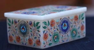 Marble trinket Box Semi Precious Stone floral fine pietra dura inlay art work - Picture 1 of 5