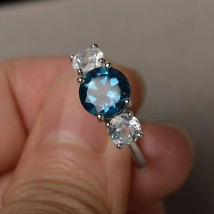 Round Cut London Blue Topaz Engagement Ring Silver Gems White Topaz Accent stone - Picture 1 of 4