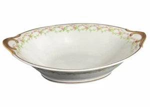 French Oval Serving Bowl Limoges GDA White Gold Trim Pink Flowers & Green Vines - Picture 1 of 7