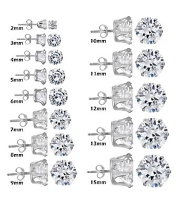 925 Sterling Silver Round Cut Clear Cubic Zirconia Stud Earrings Assorted Sizes - Picture 1 of 4