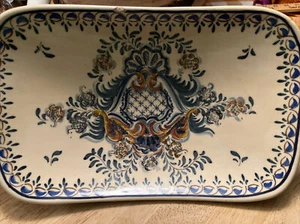 Portuguese Ceramic Rectangle Serving Dish Handmade Blue Brown Green Small Chips - Picture 1 of 16
