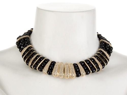 Collana Collare Vintage Christian Dior Cabochon Nero e Cristallo Placcato Oro