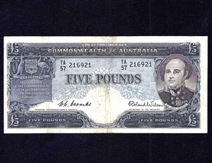 Australia 5 POUNDS 1960 Coombs / Wilson P-35 (TA 57 ) aVF - Picture 1 of 2