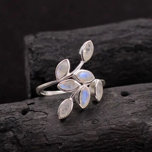 Anillo Piedra Lunar Diseño Hoja Talla 8.5 Fina Plata 925 Joyería Regalo Aniversario - Imagen 1 de 5
