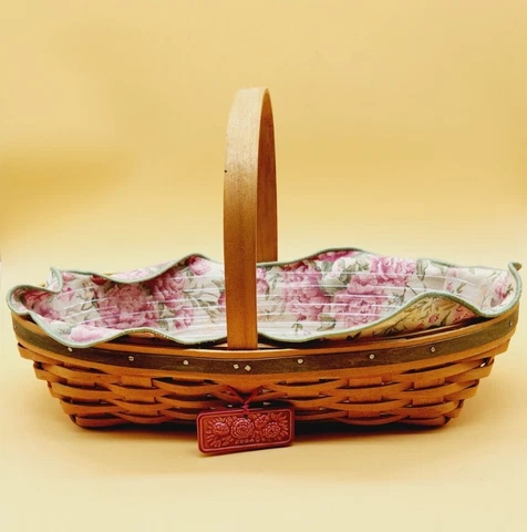 Longaberger 2001 peony flower Picnic Basket with plastic insert fabric tag paper Cover