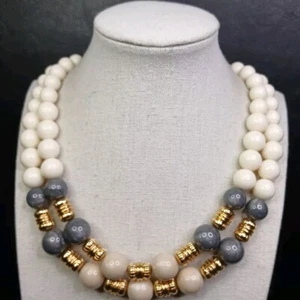Vintage Necklace Cream, Gray And Gold Tone Metal Beads. 13-227 - Picture 1 of 7