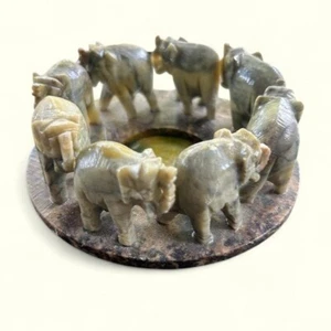Vintage Hand Carved Stone Elephant Herd in Circle Soapstone MCM green art decor - Picture 1 of 12