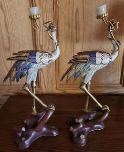 Pair of Chinese Cloisonne Crane Jade Candlestick Incense Holders - Picture 1 of 9