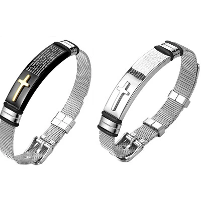 Bracelete de aço inoxidável cruz religiosa Jesus versículo bíblico cristão fé - Imagem 1 de 4