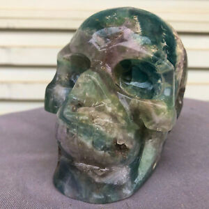3.08lb Natural colour fluorite skull quartz crystal carved skull reiki healing