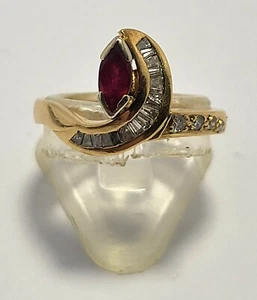 18CT YELLOW GOLD ELABORATE RING CLAW SET WITH MARQUISE SHAPED RUBY AND DIAMONDS - Picture 1 of 5