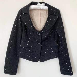 Vtg Benetton Black Eyelet Scoop Neck Fitted Cotton Jacket UK 12 Black Nude - Picture 1 of 7