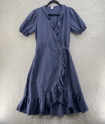 Old Navy Dress Womens Medium Blue Embroidered Wrap Ruffle Midi Short Sleeve - Image 1 of 4