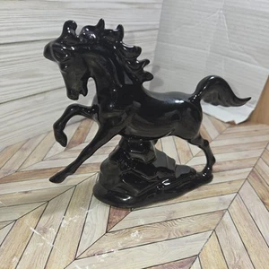 Glossy Black Ceramic Prancing Running Horse Figurine Statue Feng Shui Zodiac - Picture 1 of 10