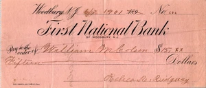 1901 Scheck Steuereinnahmen Briefmarke erste Nationalbank Woodbury NJ 15 $ William - Bild 1 von 2
