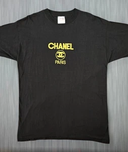 Vintage Chanel Paris 90's Bootleg Gold Embroidered Logo XL Single Stitch T-Shirt - Picture 1 of 6