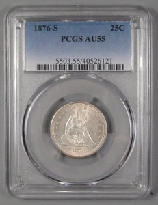 Choice AU 1876-s Cuarto Libertad Plateado Sentado PCGS AU55. - Imagen 1 de 15