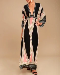 Lulus Montecito Black Pink Print Maxi Sahara Kimono Dark Romantic Large Dress - Picture 1 of 9