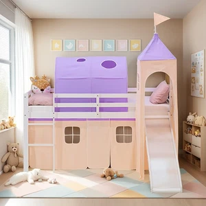 Hochbett 90x200 cm mit Matratze Lattenrost Rutsche Tunnel Turm Lila Homestyle4u - Bild 1 von 12