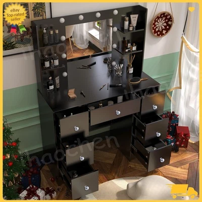 Escritorio tocador de maquillaje negro con 10 espejos iluminados LED mesa de tocador y 7 cajones Foto 1 de 4