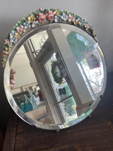 Antique English Barbola Beveled Mirror Gesso Flowers 1920-30 Cover