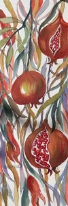 5”x15” Original Pamela Wilhelm Whimsical Watercolor Tall COLORFUL Pomegranate - Picture 1 of 4