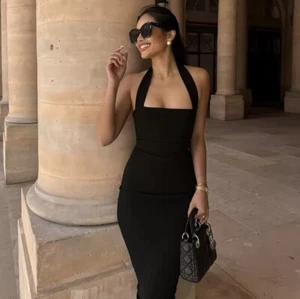 Black Long Evening Party Dress Sleeveless Halterneck Dress - Size XS (UK 6) - Picture 1 of 9