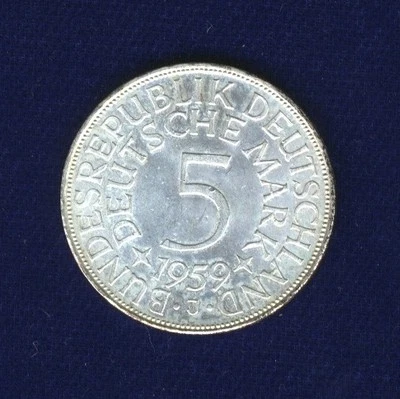 GERMANY  1959-J  5 MARK SILVER COIN, UNCIRCULATED, HAMBURG MINT - Image 1 of 2