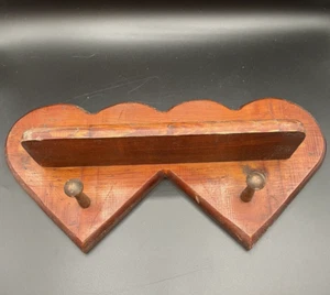 Vintage FolkArt Wooden Double Heart Wall Shelf w/Pegs Farmhouse Handcrafted. - Picture 1 of 4