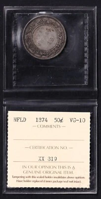Newfoundland 1874 50 Cent Queen Victoria .925 Silver Coin - ICCS Certified VG-10 - Image 1 of 2