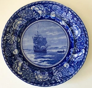 ANTICO PIATTO STORICO BLU SCURO R&M INGHILTERRA NAVE MAYFLOWER PORTO DI PLYMOUTH - Foto 1 di 5