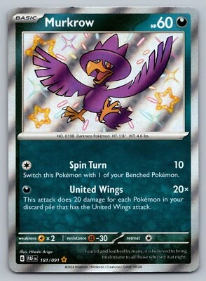 Murkrow Pokemon Paldean Fates 181/091 Shiny Holo Rare NM - Image 1 of 2
