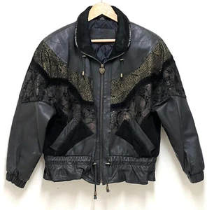 VTG Jacqueline Ferrar Black Leather Suede Patchwork Zipper Jacket Pockets Size S - Picture 1 of 18