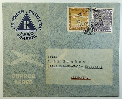 1955 Chile Calcion Minery Company Correo Aéreo Cubierta Santiago a Alemania Alemania Foto 1 de 2