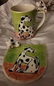 HUES N BREWS Coffee Tea Dalmatian Dog Mug With Cup Base Coaster Ceramic  - Picture 1 of 9