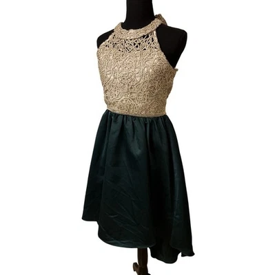 Rare Editions Girls Gold And Green High Low Stunning Halter Dress Size 16 - Imagem 1 de 4