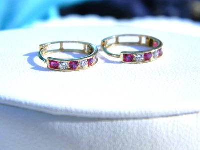14k Gold Lab Created Ruby and Clear Stone Hoop Earrings - Image 1 of 4