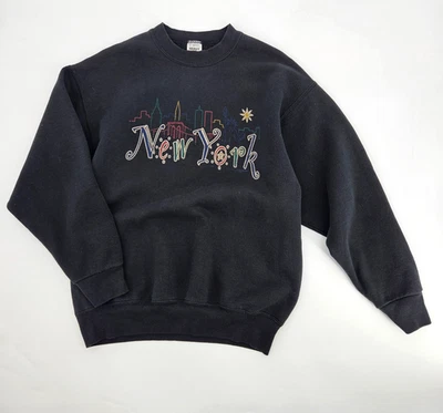 Sudadera De Colección Nueva York Cuello Redondo Talla Grande Negra Skyline Hecha en EE. UU. Sol Foto 1 de 4