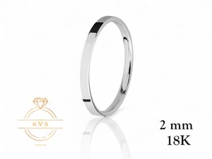 18K White Solid Gold 2mm FLAT Wedding Band Ring - Comfort Fit Polished New - Picture 1 of 9