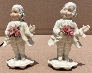 2 Antique KARL ENS Porcelain Figurine Victorian Boy Man W/Flowers Roses Ceramic - Picture 1 of 7