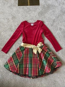 Bonnie Jean Velvet Plaid Christmas Dress For Girls Gold Bow Size 16 - Picture 1 of 13