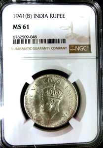NGC MS61-India/British 1941(B) George VI Silver One Rupee BU-No Post US - Picture 1 of 4